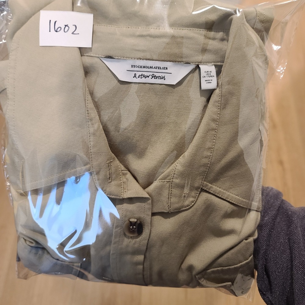 & Other Stories Khaki Tan Utility Button Down Mini Dress Size 8 Short Sleeve - Picture 8 of 8